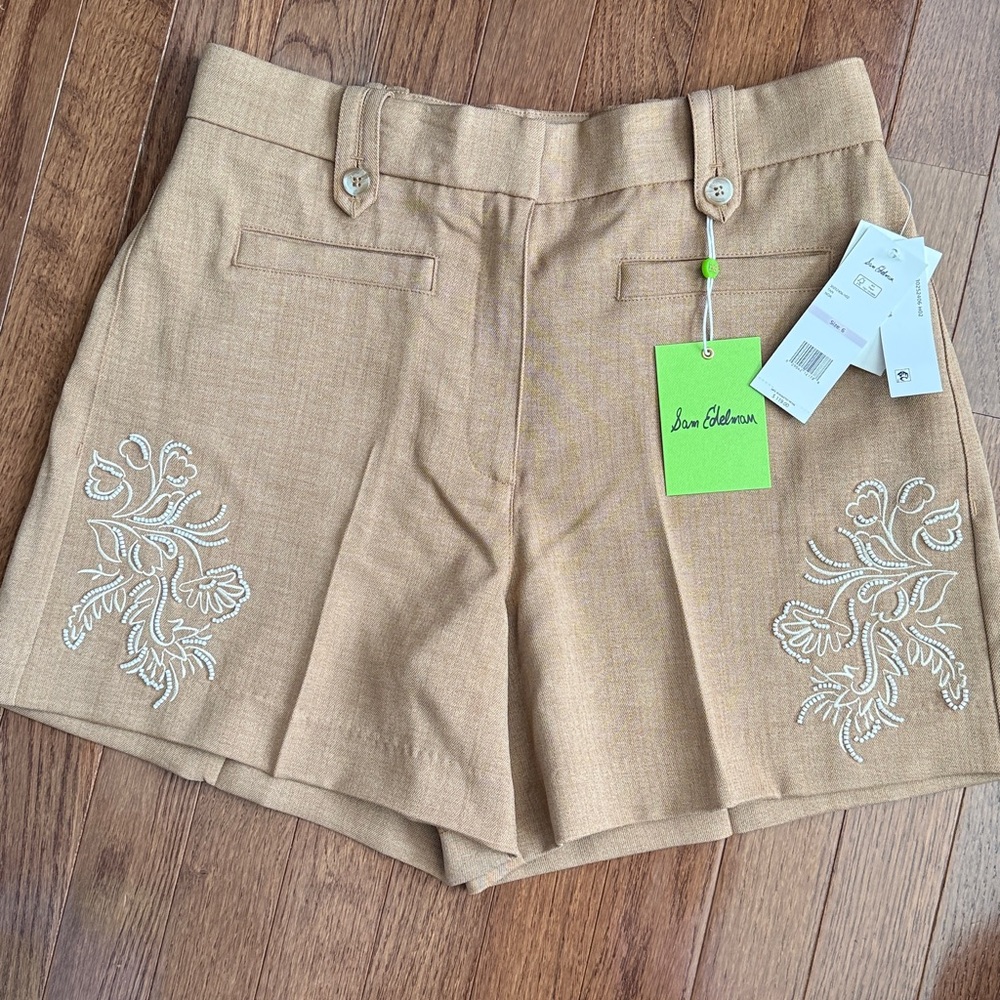 Sam Edelman Tan Embroidered High-Rise Beaded Embellished Shorts Women’s Size 6 - Picture 3 of 14